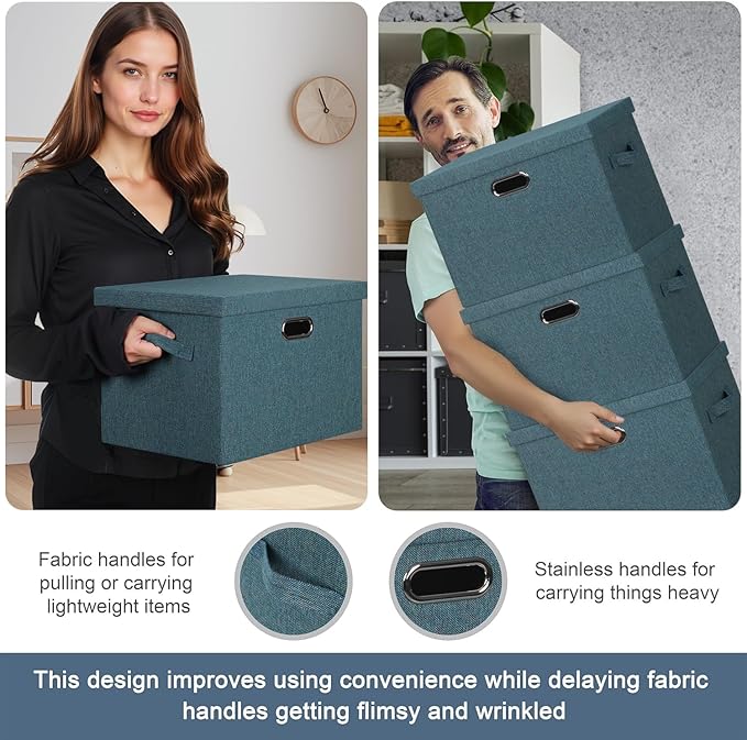 Large 17" 36 Quart Collapsible Stackable Storage Bins with Lids, 3 Packs Blue-Green Linen Fabric Closet Boxes with Lids, Storage Cube Baskets Container Organizers for Bedroom (17x12x11)-Ruum Studio Home