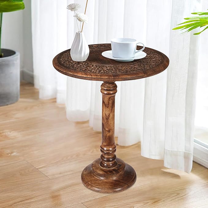 Lightnpro Hand Carved Solid Mango Wood Round Pillar Accent Table - 18" × 22" Rustic Farmhouse Side End Table | VintageRustic Boho Nightstand for Living Room, Bedroom & Entryway-Ruum Studio Home