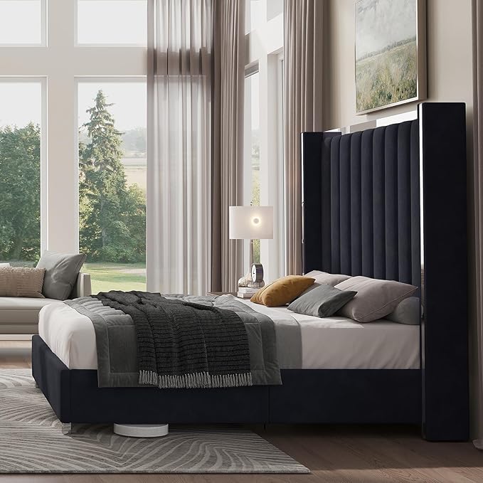 Jocisland King Size Bed Frame with 58" Tall Headboard, Velvet Upholstered Platform Bed with Channel Tufted Wingback Headboard and Plating Trim, No Box Spring Needed, Black-Ruum Studio Home