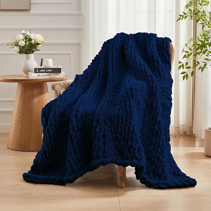 Carriediosa Chunky Knit Throw Blanket 60" X 80" Twin, 100% Hand Made Large Chenille Loop Yarn Soft Fluffy Throws for Couch Sofa Bed, Big Crochet Cozy Heavy Thick Cable Woven Blankets, Navy Blue-Ruum Studio Home