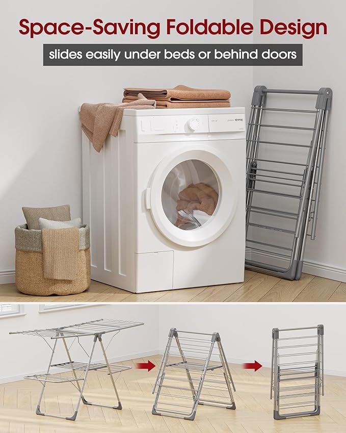 Clothes Drying Rack - Foldable Laundry Drying Rack for Clothing & Bedding, Easy-to-Assemble, Space-Saving Metal Airer with Non-Slip Feet, Indoor & Outdoor Use, 55.5"×22.8"×36.6", Gray-Ruum Studio Home
