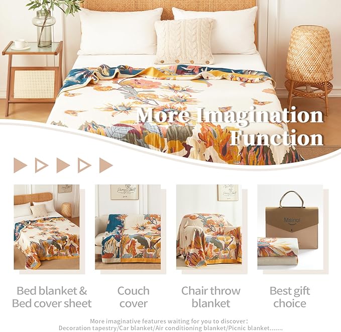 King Size Blanket for Bed Ultra Cozy Rustic Blanket Floral Pattern Large Throw Blanket Cotton Farmhouse Decor Sofa Cover Bed Decoration (90"x98",02-Colorful Flowers)-Ruum Studio Home