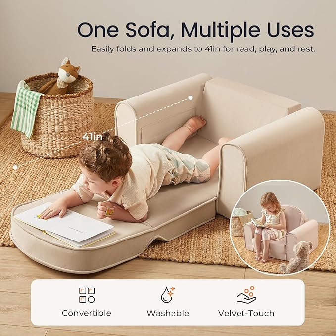 Tiny Land 2-in-1 Foldable Kids Couch with Pockets – Soft Thick Toddler Sofa, Lounger Couch, Convertible Kids Chair for Playroom, Bedroom or Living Room, Gift for Boys & Girls(Beige)-Ruum Studio Home