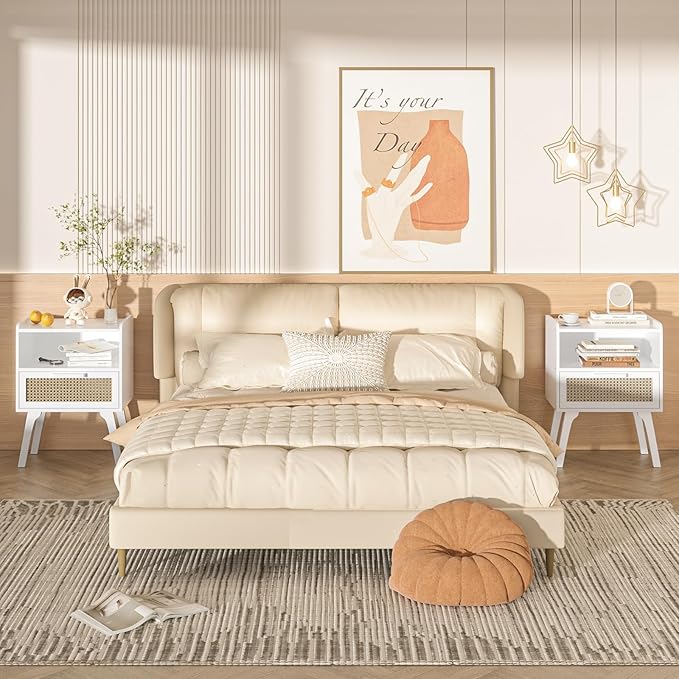 Lerliuo Rattan Nightstand, Bedside Table with Drawer Open Shelf, Cane Accent Side End Table with Solid Wood Legs, White Mid Century Night Stand for Bedroom, Dorm and Small Spaces-Ruum Studio Home