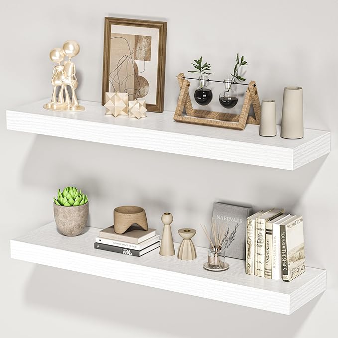 Floating Shelves for Wall, 31.5" W x 6.7" D x 1.5" H, Wooden Wall Mounted Display Shelves with Invisible Brackets for Living Room, Bedroom, Bathroom, Kitchen Decor and Storage, Set of 2, White-Ruum Studio Home