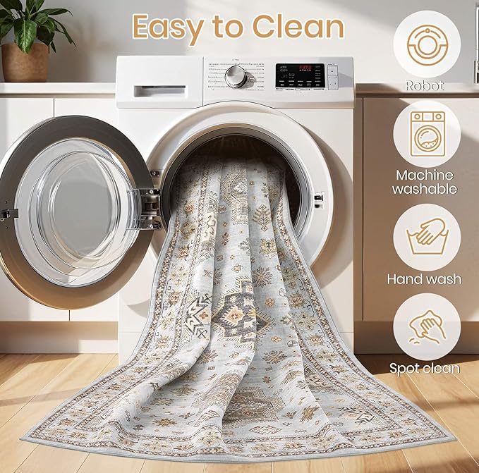 Washable Area Rugs for Living Room -9x12 Neutral Vintage Distressed Floral Farmhouse Boho Large Soft Floor Rug Indoor Non Slip Carpet for Living Room Bedroom Dining Room Office - Blue Brown-Ruum Studio Home