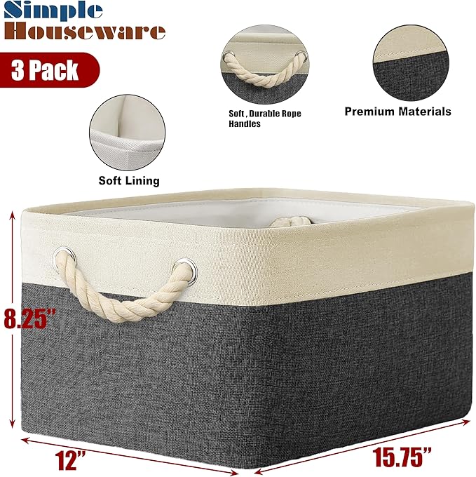 SIMPLE HOUSEWARE Large Fabric Storage Bin, 15.7" x 12" with Braided Handles, 3 Pack, Dark Gray-Ruum Studio Home