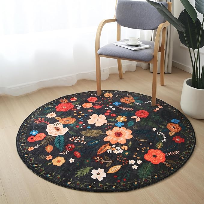 Round Rug 4ft Washable Circle Rug Non Slip Low Pile Boho Floral Small Circular Rug for Bedroom, Bathroom, Entryway, Kids Room, Office, College Dorm(Black)-Ruum Studio Home