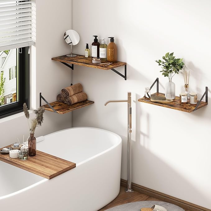 Fun Memories 27.5" W x12 D Floating Shelves, Large Wall Shelves 27.5 Inch Long, Set of 2, Farmhouse Wood Floating Shelf Wall Mounted, Deep Shelves for Bathroom, Living Room, Kitchen, Rustic Brown-Ruum Studio Home