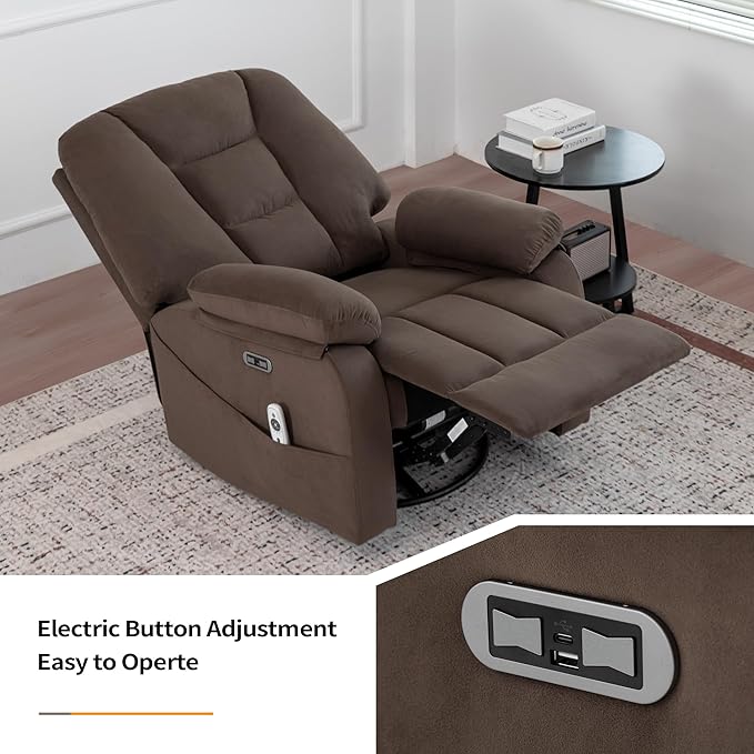 Power Swivel Rocker Recliner Chair for Adults,Rocking Recliners Chairs with Massage and Heat for Living Room, Electric Fabric Reclining Sofa Chair with USB and Type-C Port (Fabric Brown)-Ruum Studio Home