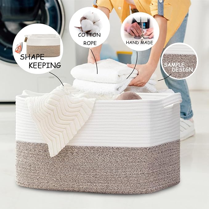 COMFY-HOMI Large Laundry for Organizing|Rectangle Cotton Rope Storage with Handles|Blanket for Living Room|Woven Laundry for Towels, Toys, Clothes-22x15x12”-White/Brown-Ruum Studio Home