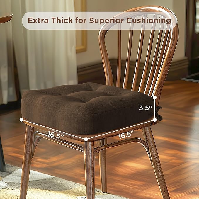 Codi Dining Chair Cushions 2 Pack, Thick Chairs Pads for Indoor Kitchen Room - Washable, Non-Slip Memory Foam Seat Cushion with Ties, 16.5"x16.5"x 3.5", Set of 2, Brown-Ruum Studio Home