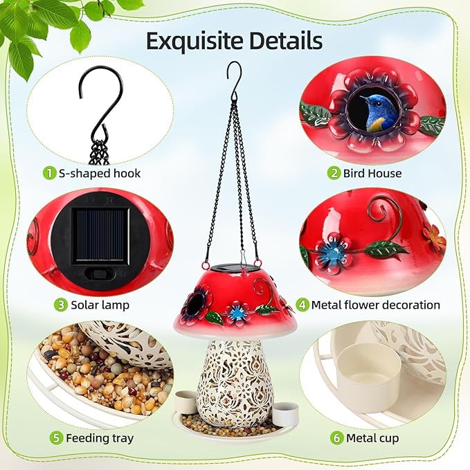 Mushroom Solar Bird Feeders for Outdoors Hanging Metal Wild Bird Feeder Garden Lantern with S Hook for Garden Decoration red-Ruum Studio Home