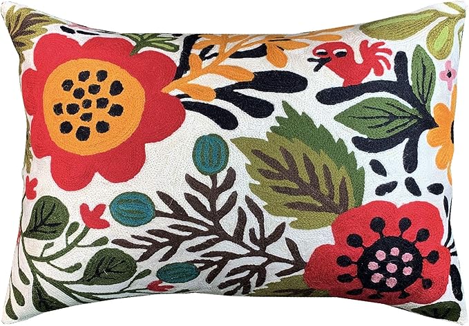 Lumbar Cream Suzani Cushions - Boho Floral Throw Pillows | Outdoor Pillows & Chair Cushions - Hand Embroidered Wool Size - 14x20-Ruum Studio Home