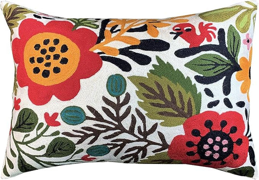 Lumbar Cream Suzani Cushions - Boho Floral Throw Pillows | Outdoor Pillows & Chair Cushions - Hand Embroidered Wool Size - 14x20-Ruum Studio Home