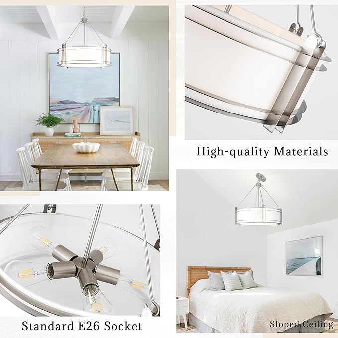 20.4''Drum Chandelier,5-Light Brushed Nickel Modern White Fabric Chandeliers,Farmhouse Round Pendant Light Fixture for Dining Room Kitchen Island Living Room Bedroom Hallway-Ruum Studio Home
