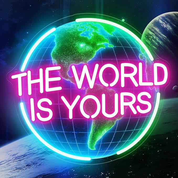 The World Is Yours Neon Sign for Wall Decor, Earth Neon Light with Dimmer, for Man Cave Boy Room Decor, Gift for Man Boyfriend, Decoration USB Powered with Switch-Ruum Studio Home