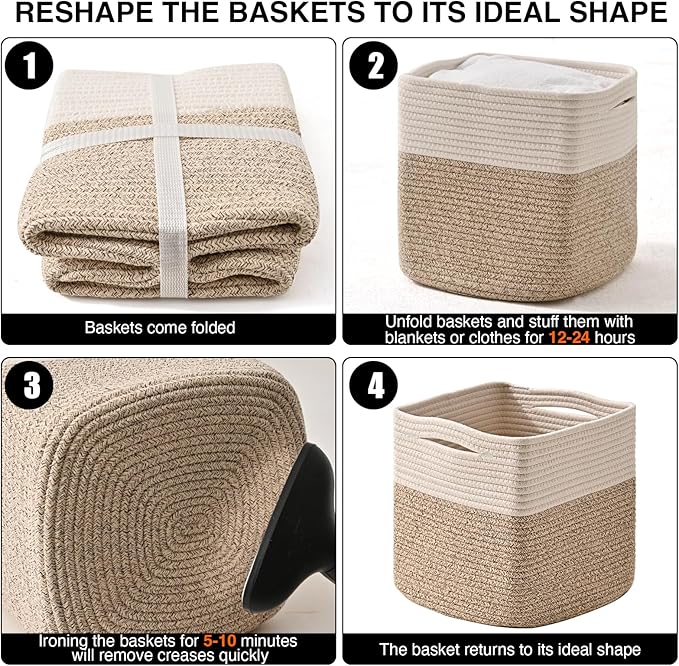 11 Inch Cube Storage Bins, Organizer Woven Cotton Rope Square Baskets for Organizing Shelves, Toys, Nursery, Off White & Brown (Pack of 3)-Ruum Studio Home