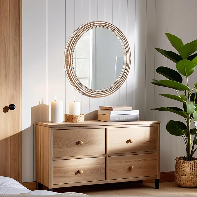 24 Inch Rustic Round Mirror - Farmhouse Vintage Bathroom Vanity Mirror, Wall-Mounted Round Mirrors for Bathroom Sink, Bedroom & Living Room and Framed Decorative Restroom Mirror-Ruum Studio Home