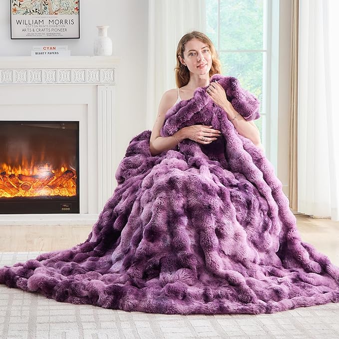 Lotus Karen Faux Fur Throw Blanket Tie-dye Violet - Big Bubble Rabbit Fluff Blanket for Couch Bed Sofa,Softest Fluffy Fuzzy Cozy Blanket,Thick Furry Plush Shaggy Warm Blankets for Women,50x60 Inches-Ruum Studio Home