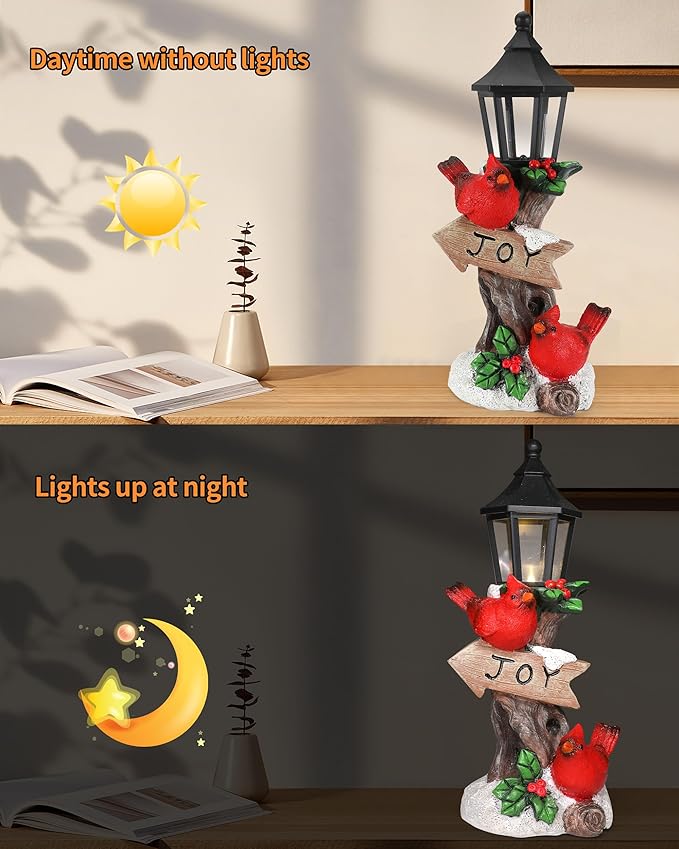 iStatue Lighted Cardinal Christmas Ornaments - 10’’ Resin 2 Red Birds Joy Lamp Post Figurine with Candle Lantern - Unique Xmas Decorations Indoor Decor Gift (Cardinal)-Ruum Studio Home