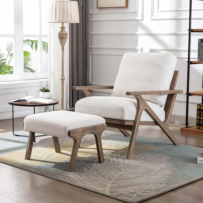 Wahson Set of 2 Mid Century Arm Chairs and Ottomans, Upholstered Accent Armchair with Wood Frame and Linen Cushions, Leisure Slipper Chair for Living Room/Bedroom, Cream-Ruum Studio Home