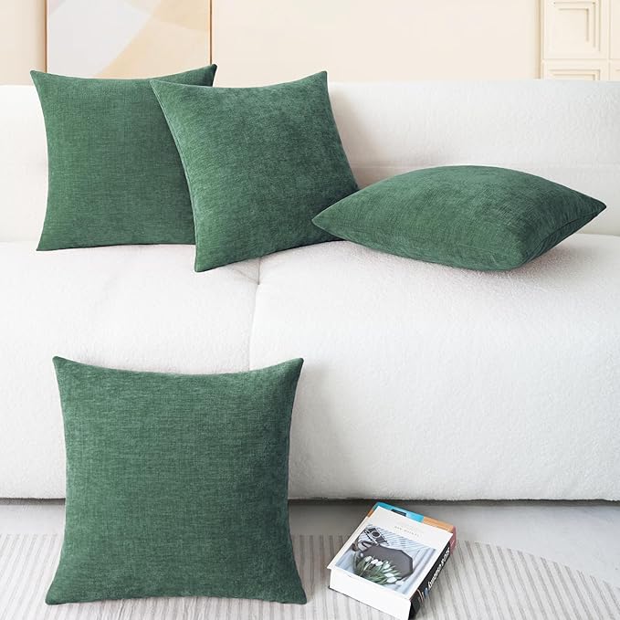 CaliTime Throw Pillow Covers Decorative 18 X 18 Inches Pack of 4 Cozy Chenille Cushion Cases for Couch Sofa Bed Living Room Home Dark Green-Ruum Studio Home