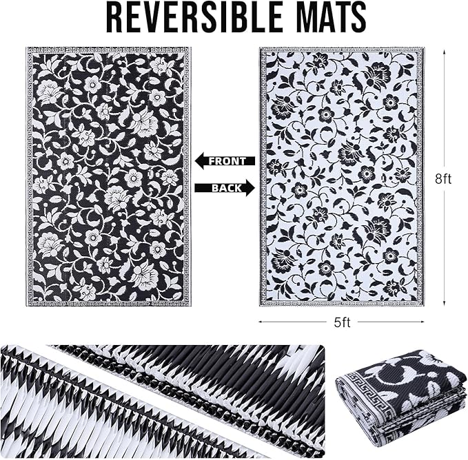 OLANLY Waterproof Outdoor Rug 5x8 ft, Outdoor Plastic Straw Rug with Flower Pattern, Reversible RV Mat for Patio, Camping, Balcony, Deck, Backyard, Black & White-Ruum Studio Home