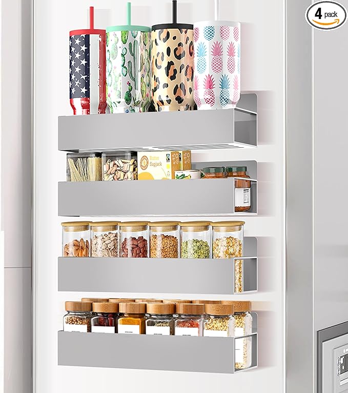Magnetic Spice Rack Organizer for Fridge Seasoning Organizer for Kitchen Storage With Screw Magnetic Shelf for Oven, RV,Garage,Bathroom (Grey, 4pack)-Ruum Studio Home