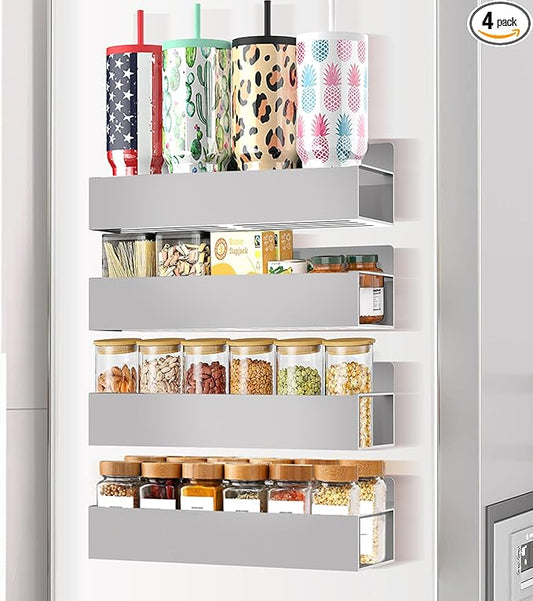 Magnetic Spice Rack Organizer for Fridge Seasoning Organizer for Kitchen Storage With Screw Magnetic Shelf for Oven, RV,Garage,Bathroom (Grey, 4pack)-Ruum Studio Home