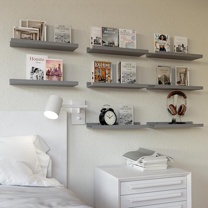 RICHER HOUSE 8 Set Floating Wall Mounted Shelves, Nursery Hanging Book Shelves with Lip for Storage, Gray Display Picture Ledge Shelf for Bedroom Bathroom Kitchen Living Room Wall Decor, Modern Grey-Ruum Studio Home