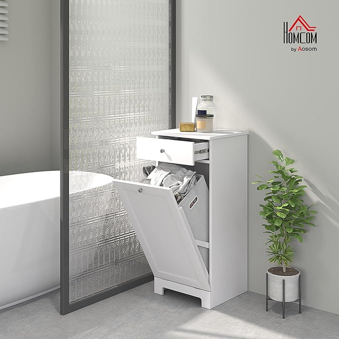 HOMCOM Laundry Hamper with Removable Basket, Tilt Out Hamper with Drawer and Beadboard Door, Bathroom Storage Cabinet, White-Ruum Studio Home