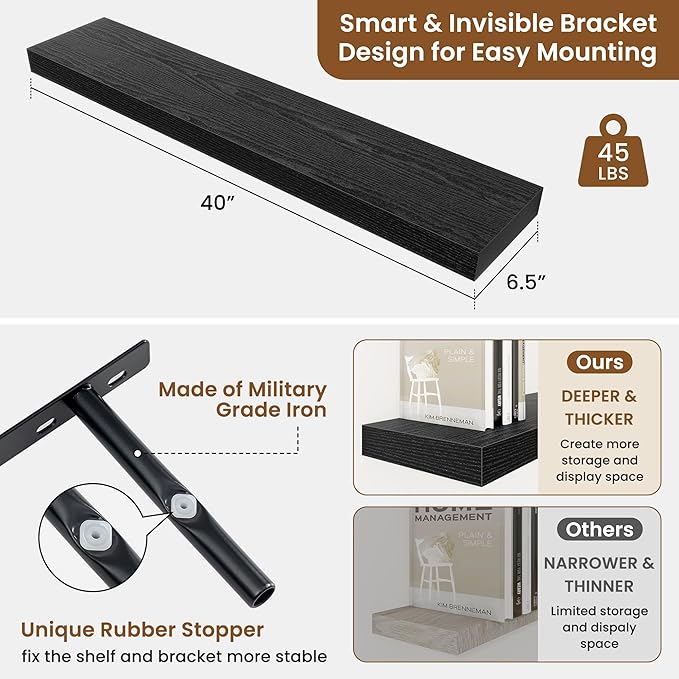 fuqing Floating Shelves for Wall, Bathroom Shelf Wall Mounted for Storage, Shelves with Invisible Bracket for Bedroom, Kitchen, Living Room, Farmhouse Small Book Shelf, 40 Inch Set of 2, Black-Ruum Studio Home
