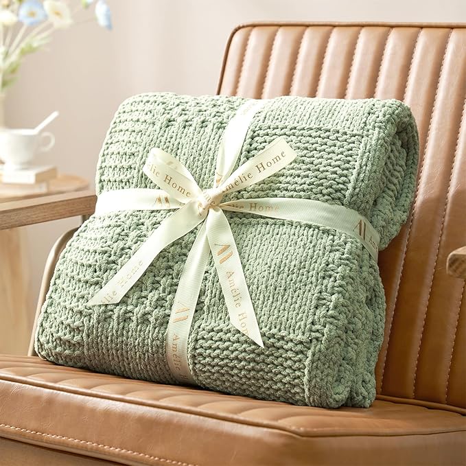 Amélie Home Chenille Knit Throw Blanket for Couch, Checkered Texture Decorative Soft Blanket for Sofa, Bed & Living Room, 50"x60", Sage Green-Ruum Studio Home