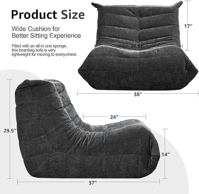 Bean Bag Chairs for Adults Giant Bean Bag Chair Memory Foam BeanBag Chair Big Bean Bag Sofa with Filler Faux Fur Fireside Beanbags Lazy Sofa for Living Room Bedroom Dorm Office (Darkgrey Chenille)-Ruum Studio Home