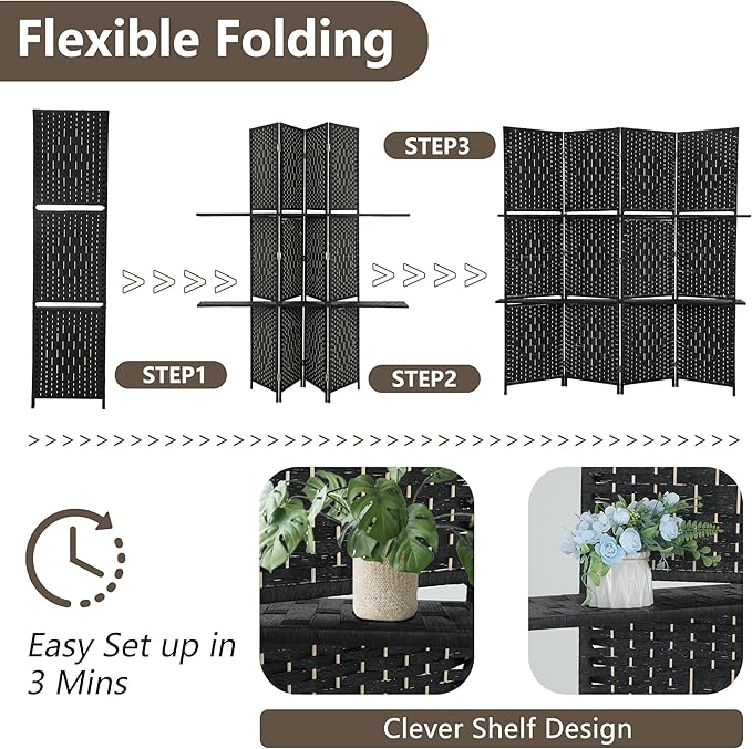 Room divider 4 panel Room Screen Divider Wooden Screen Folding Portable Partition Screen Wood with Removable Storage Shelves Color,Black-Ruum Studio Home