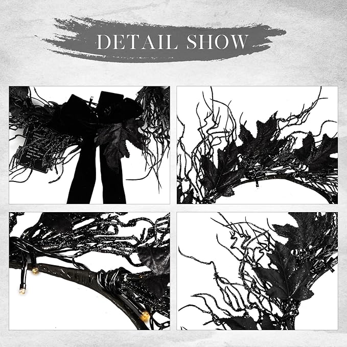 JORNOY 16inch LED Halloween Wreath with Battery Timer - Black Artificial Leaves&Silk Ribbon Decor Hanging for Front Door, Mantel, Porch, Wall, Party Decorations-Ruum Studio Home