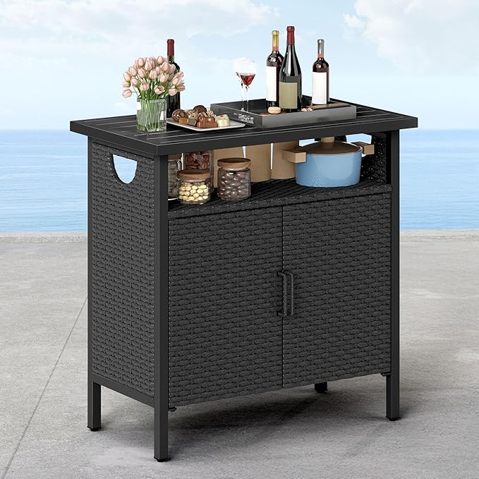 DWVO Patio Storage Cabinet, Outdoor Buffet Cabinet with Two Doors and Shelves, Outdoor Storage Bar Table with PE Rattan for Patio, Backyard, Garden - Black-Ruum Studio Home
