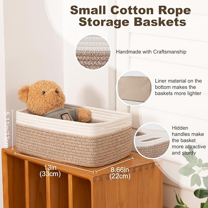 3 Pack Small Storage Baskets for Organizing, Cute Woven Decorative Gift Baskets for Shelves, Mini Closet Organizer Bins with Handles-13''Lx8.66''Wx5.11''H-Brown and White-Ruum Studio Home