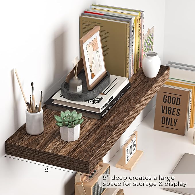 Fun Memories Floating Shelves - 24 Inch Rustic Wooden Wall Shelves - Extra Deeper & Thicker Wall Mounted Storage Shelf for Living Room, Kitchen, Farmhouse - 24"x 9"x 1.6" 2Pack, Walnut-Ruum Studio Home