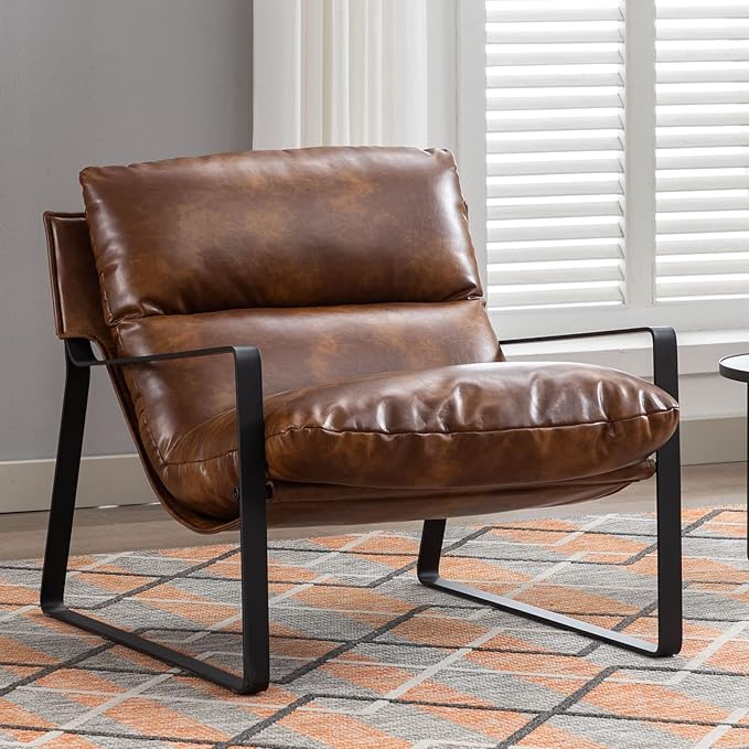 DUOMAY Mid-Century Accent Chair Armchair Set of 2, Comfy PU Leather Leisure Chair Lazy Chair with Metal Leg for Living Room Bedroom Office Apartment, Brown-Ruum Studio Home