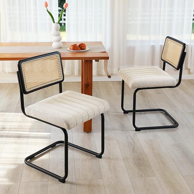Natural Rattan Dining Chairs Set of 4, Modern Kitchen Chairs with Solid Wood Back, Upholstered Cesca Side Chairs with Comfy Linen Cushion-Ruum Studio Home