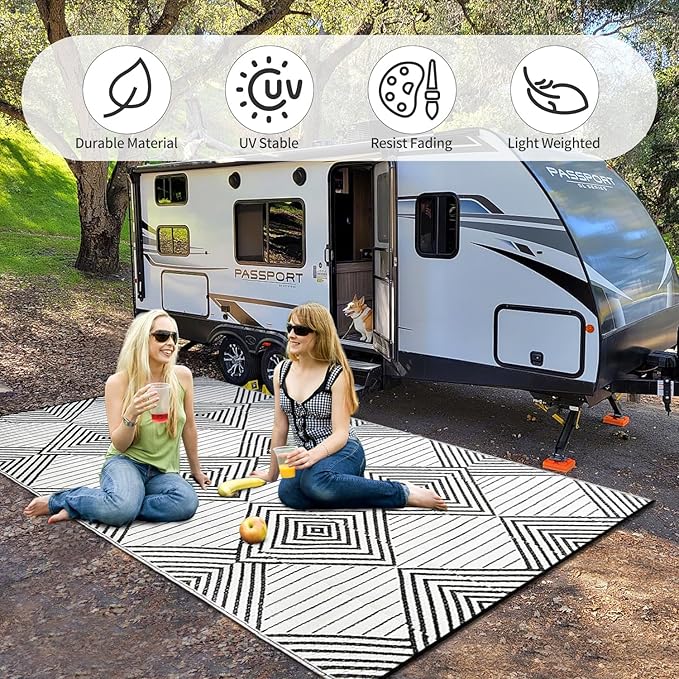 Waterproof Outdoor Rug 8x10ft, Foldable Reversible Plastic Straw Mat for Patio RV Deck Porch Backyard Balcony Camping Picnic Beach Indoor Outdoor Carpet, Black&White-Ruum Studio Home