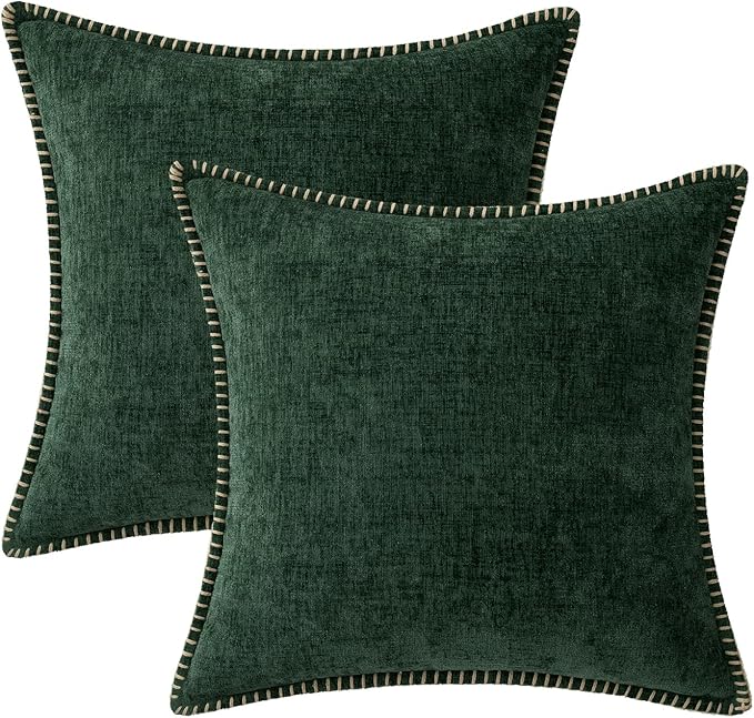 MIULEE Pack of 2 Christmas Pillow Covers 18x18 Inch Dark Green Farmhouse Decorative Throw Pillow Covers with Stitched Edge Soft Chenille Solid Dyed Couch Pillow Covers for Sofa Bed Living Room-Ruum Studio Home