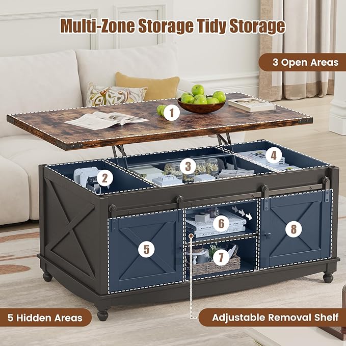 48" Farmhouse Lift Top Coffee Table with Storage Sliding Barn Door & Large Hidden Compartment, Coffee Table with Lifting Top with Wooden Lift Tabletop, Coffee Tables for Living Room, Black-Ruum Studio Home