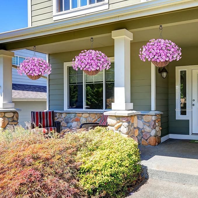 Artificial Faux Hanging Plants Flowers Basket for Outdoor Outside Spring Summer Decoration, Silk Purple Morning Glory in Planter UV Resistant Look Real Fake Flowers for Porch Patio Balcony Home Yard-Ruum Studio Home