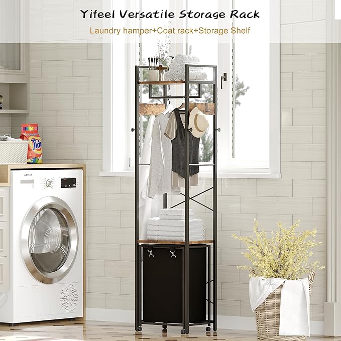 Coat Rack with Laundry Basket, Laundry Hamper Freestanding Hall Tree, Clothes Rack with Storage Shelves, 14.5 Gal Removable Bags on Wheels, Black and Brown JLH005SR-Ruum Studio Home