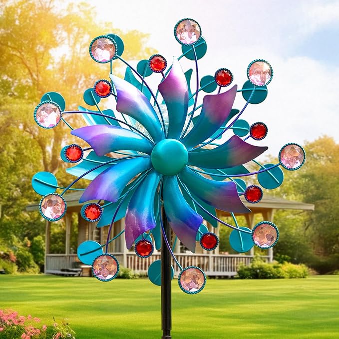 360°Solar Wind Spinner with Lights Blue Metal Garden Outdoor Decor Yard Lawn Art Decor for Patio Kinetic Windmills Unique Gifts for Friends and Family 60.63'' H x 13.38'' Dia-Ruum Studio Home