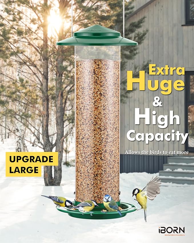 iBorn Metal Bird Feeder for Outside Hanging,Wild Bird Feeders for Cardinal,18cm Large Roof&Green,42CM Long,4.5lb High-Capacity(Seed is not Included)-Ruum Studio Home