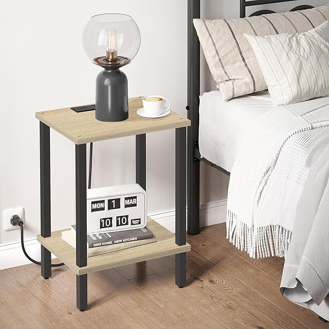 TUTOTAK End Table with Charging Station, Small Side Table with Outlets, Nightstand Bedside Table, 2-Tier Storage Shelf for Small Space, Living Room, Bedroom, Oak TB01BO040-Ruum Studio Home